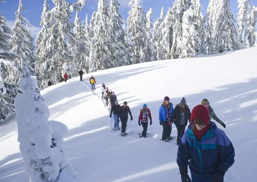tourists snowshoeing