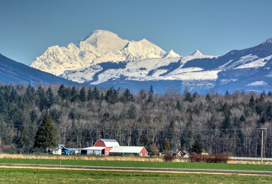 Mount Baker, snowy mountain, Washington, farm