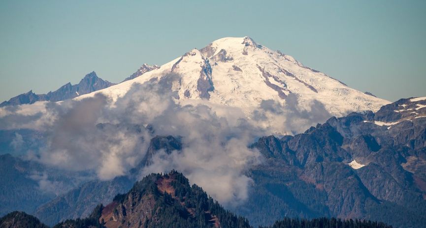 The ice-covered summit of Mt. Baker along the Cascades Range