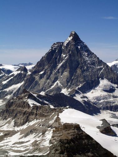View of Matterhorn on the south and east faces and the area of the Theodul Pass between Italy (left) and Switzerland (right)