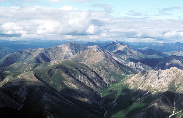 Aerial view of mountains in summer at Gates of the Arctic National Park and Preserve