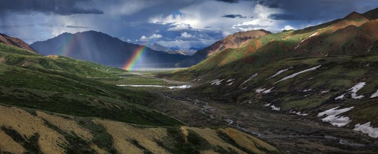 Rainbow in the middle of the mountains at Denali National Park