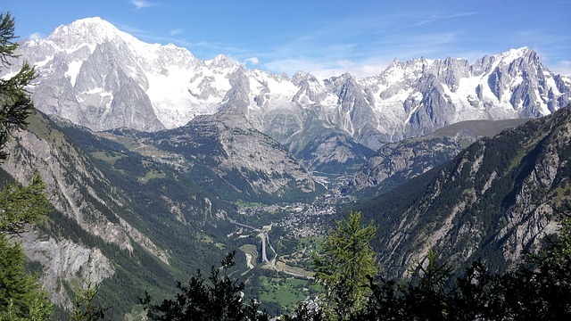a village surrounded by mountains, and Mont Blanc