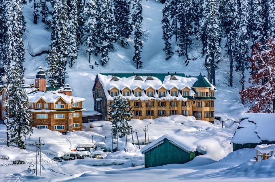 pine trees covered in snow, snowy hotel buildings