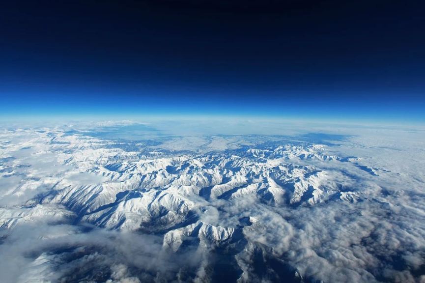 Aerial view of Pyrenees mountains blanketed with snow