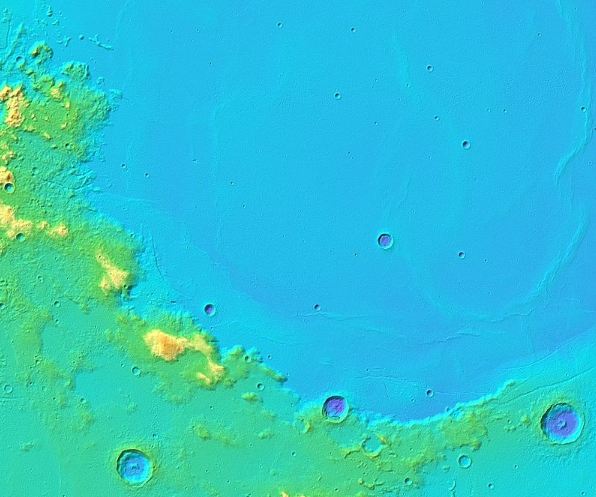 Topographic map of the area of the Montes Haemus mountain range (yellow means highlands, and blue means lowlands)