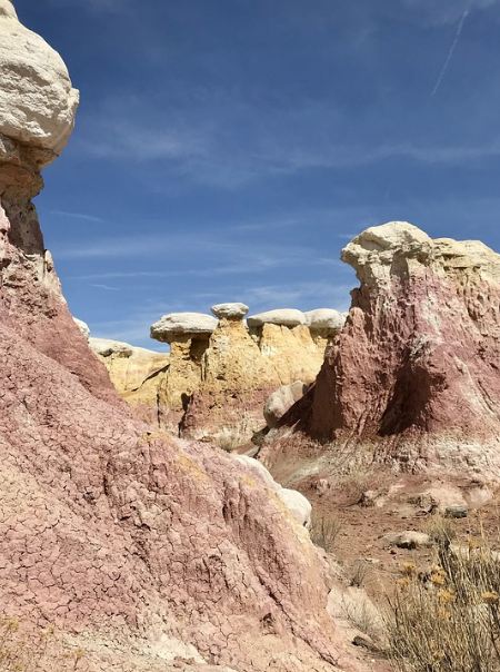 blue sky, numerous rock formations