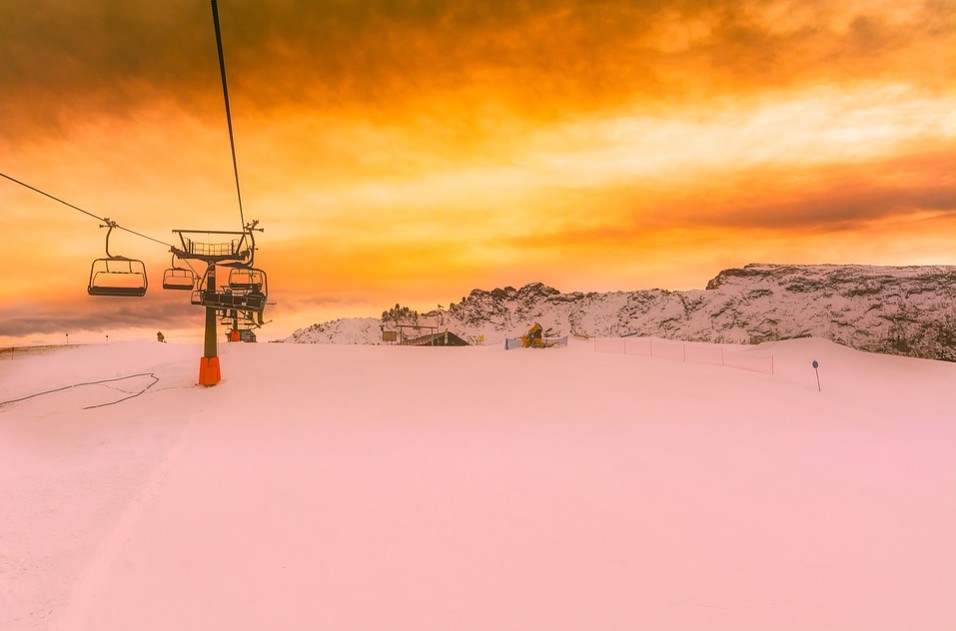 snow, mountain, winter, cold, ski, ski lift, sunrise