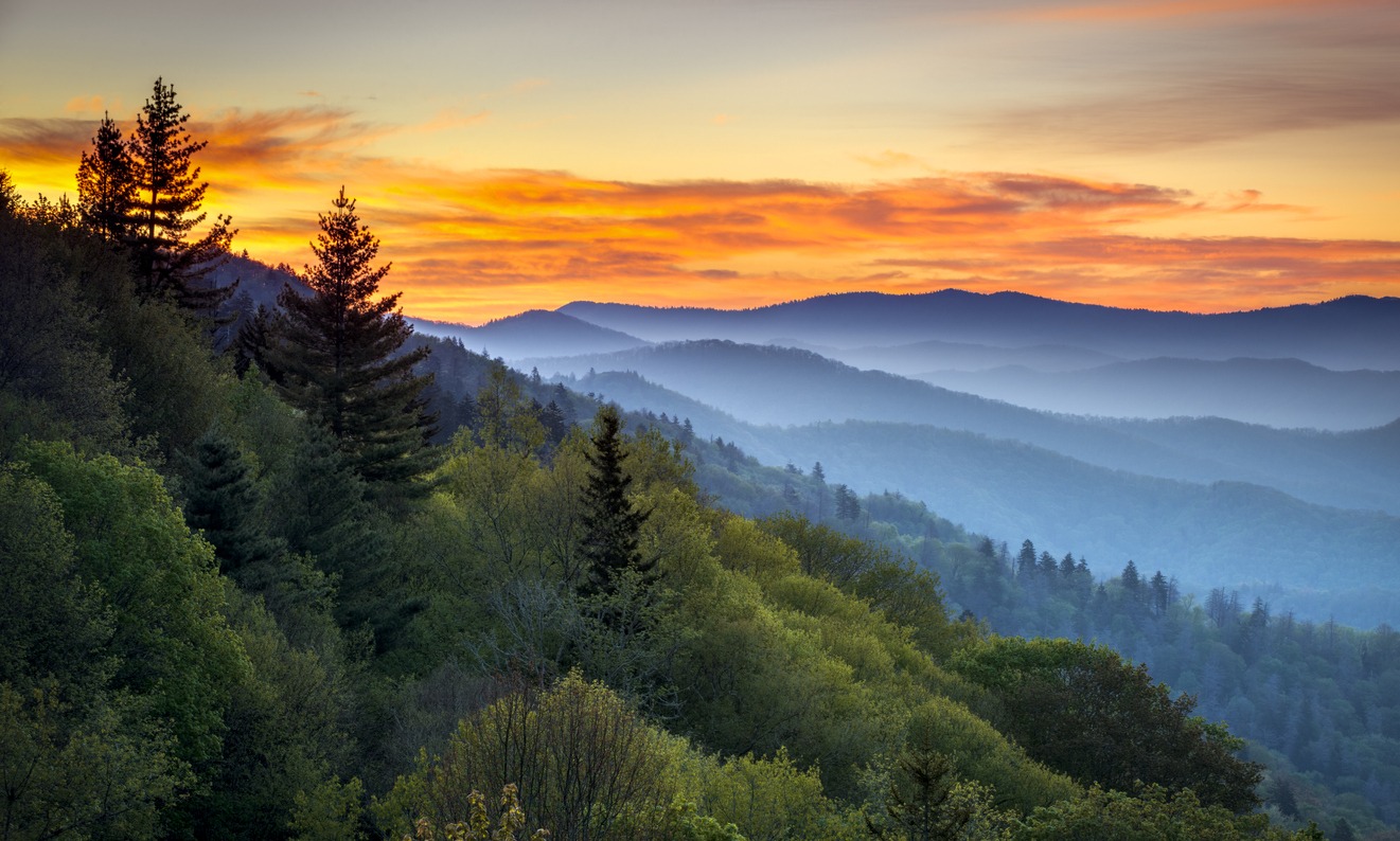 the Smoky Mountains National Park scenic sunrise landscape at the Oconaluftee Overlook