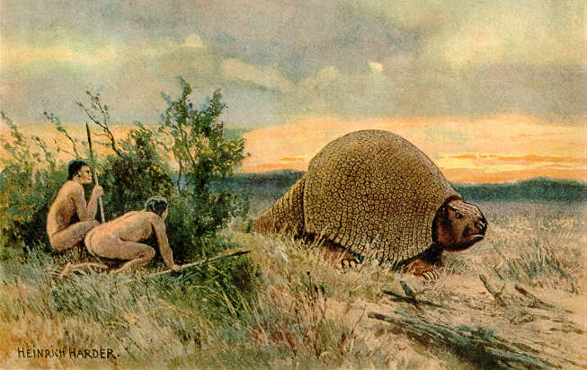  a painting of two paleolithic people hunting a glyptodon