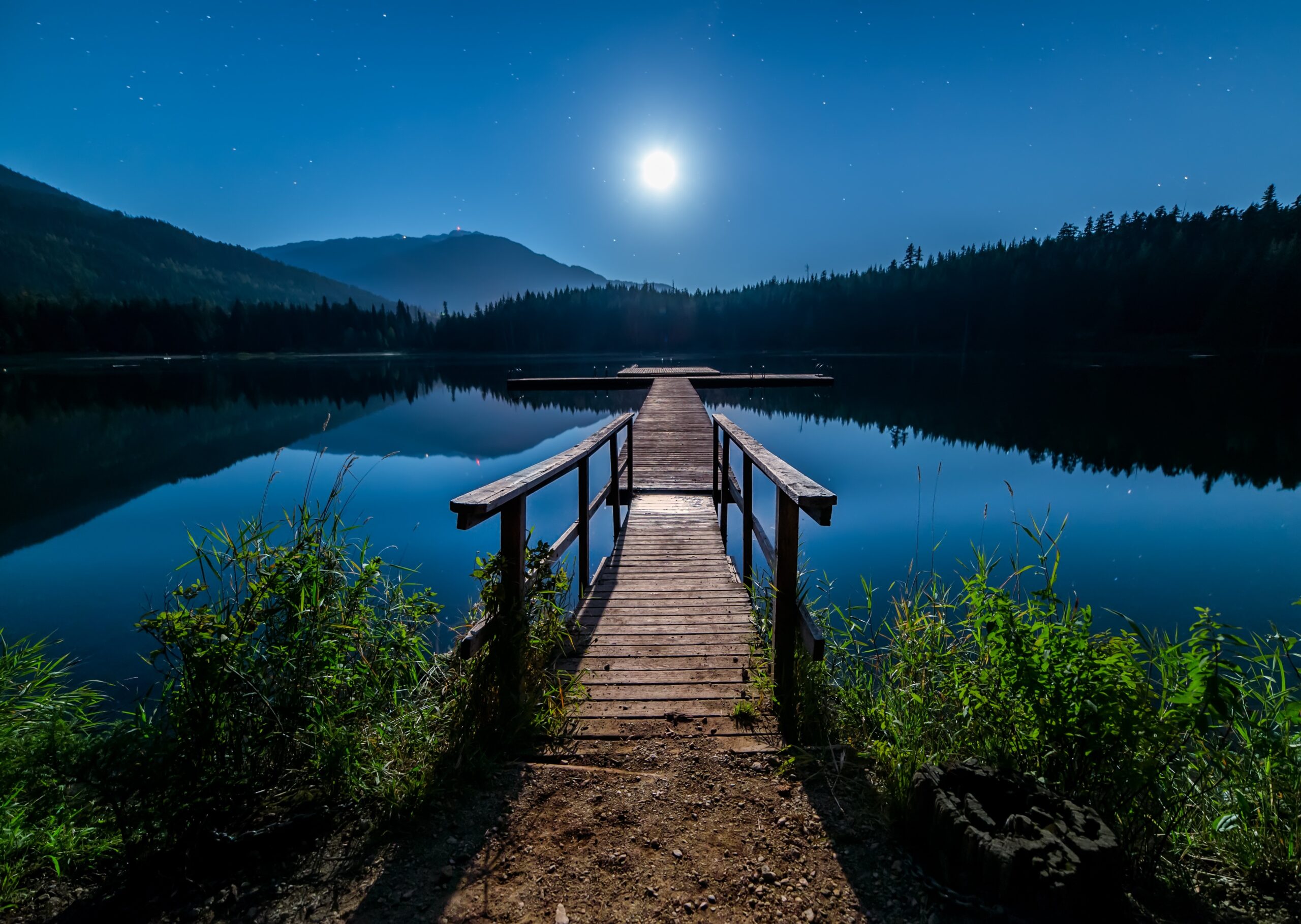 Body of water with a bridge in the mountains at night